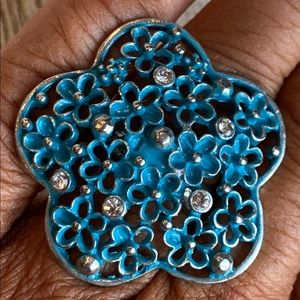 Huge Boho Aged Turquoise+Rhinestone+Studded Cutout FLOWER Statement Ring 6.5